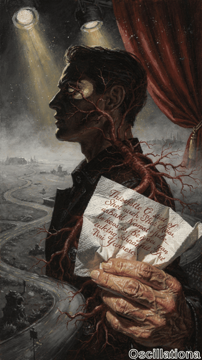 Surreal oil portrait of pale young man in profile, slicked-back hair, red vein-roots erupting from head, ear, neck under yellow spotlights on misty stage with red curtains. Elderly hand grips cryptic letter;