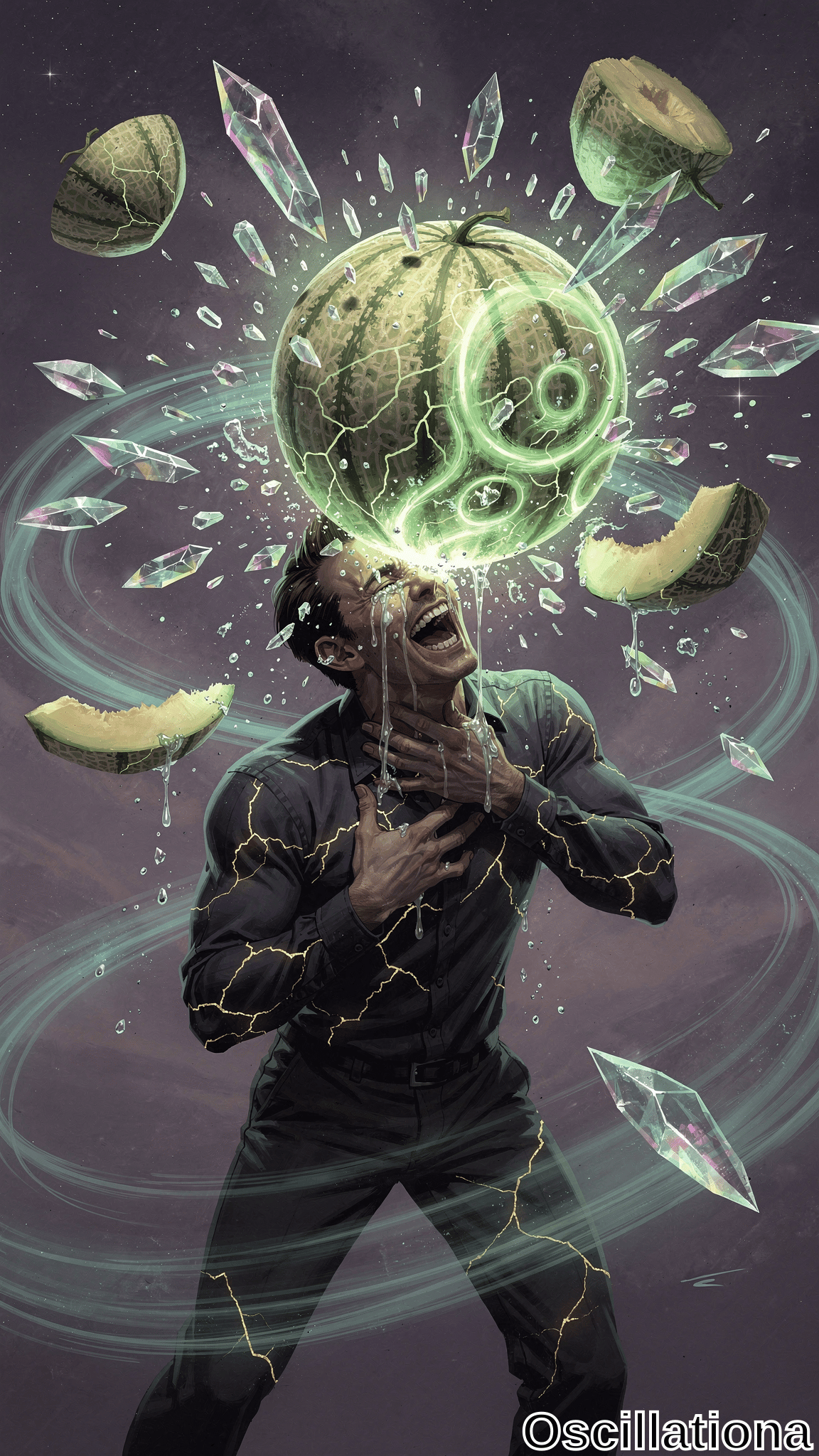 A man in a black outfit with golden kintsugi cracks strikes a dramatic pose, mouth open and head tilted back