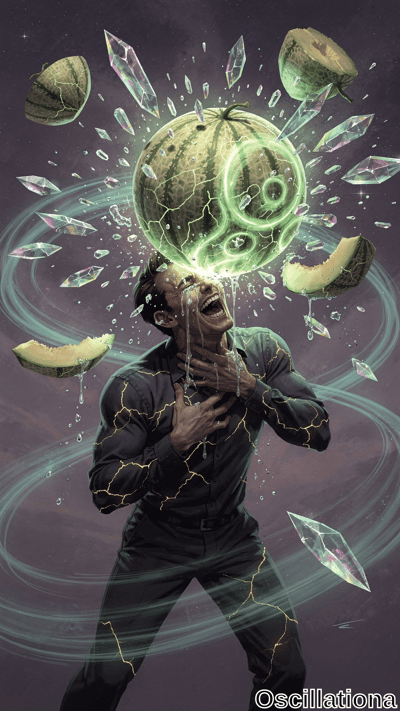 A man in a black outfit with golden kintsugi cracks strikes a dramatic pose, mouth open and head tilted back