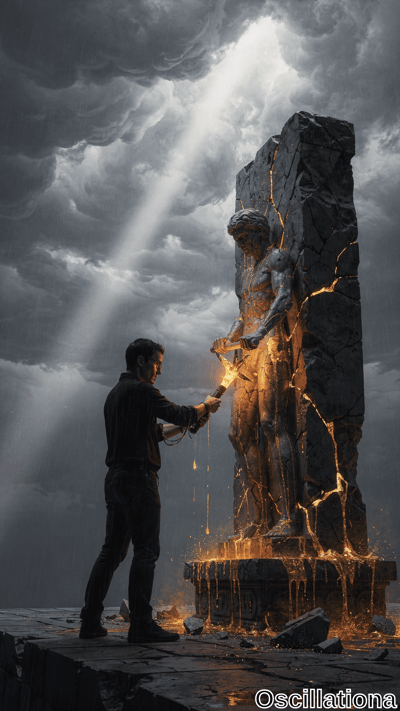 A man in dark attire stands on a stone platform under a stormy sky, confronting a cracked statue of a muscular figure emerging from rocks