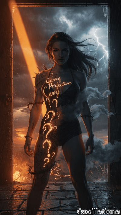 A woman stands in a stormy doorway, her body bound by glowing barbed wire displaying 'Curvy Perfection' and question marks, with lightning, fire, and dramatic orange-blue lighting.