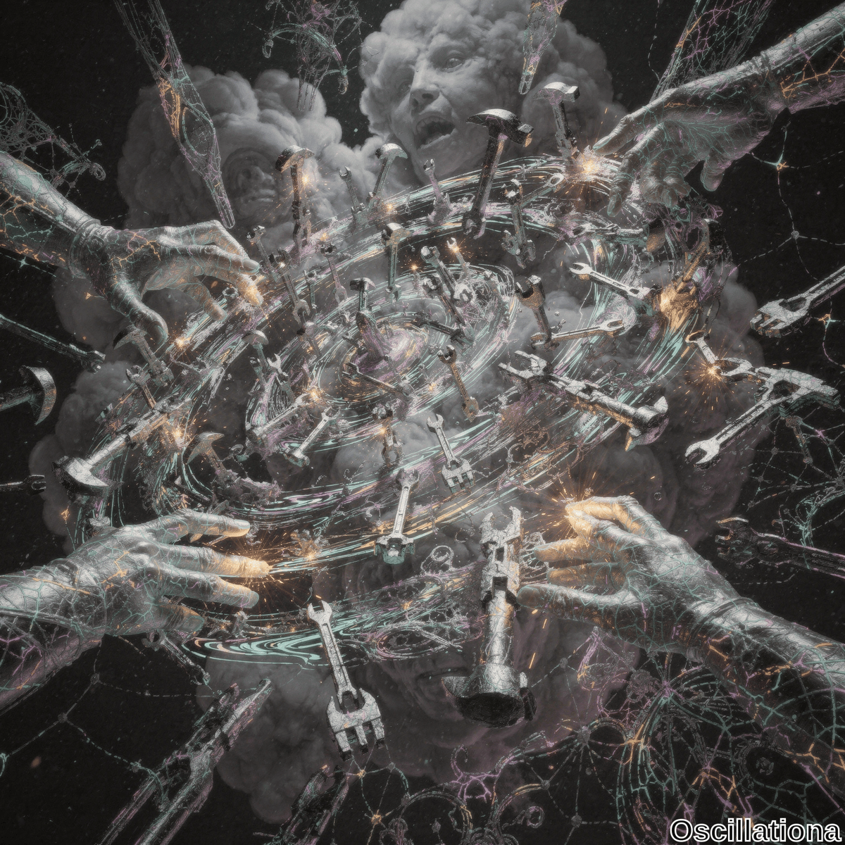 Surreal digital artwork depicting chaotic scene with large, metallic hands reaching into center, detailed with glowing cracks and intricate lines, suggesting robotic nature