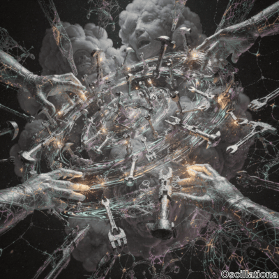 Surreal digital artwork depicting chaotic scene with large, metallic hands reaching into center, detailed with glowing cracks and intricate lines, suggesting robotic nature