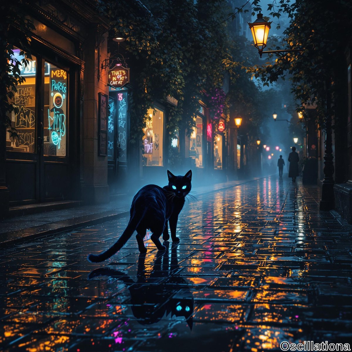 A black cat with glowing blue eyes walks on a wet cobblestone street under old-fashioned street lamps casting warm golden light.