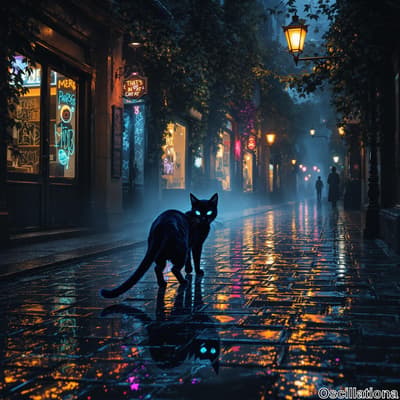 A black cat with glowing blue eyes walks on a wet cobblestone street under old-fashioned street lamps casting warm golden light.