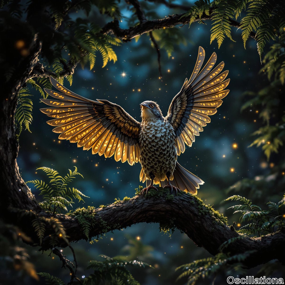 A majestic bird with wings spread wide perches on a moss-covered branch, its feathers intricately detailed in brown, white, and golden hues, glowing under a golden light.