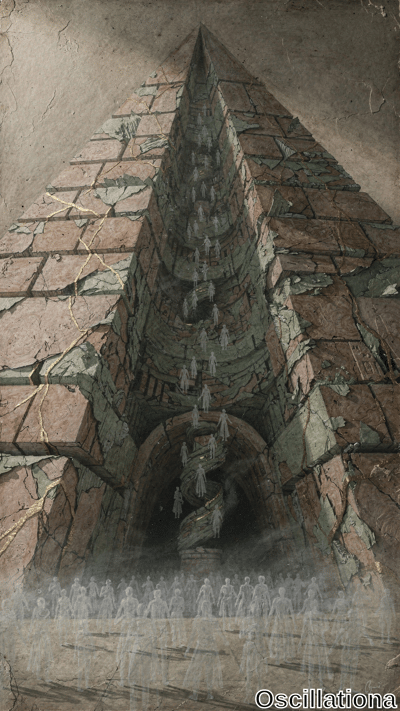 Surreal digital artwork of inverted pyramid temple interior from below: weathered red-brown brick walls with moss, lichen, and golden kintsugi repairs; ethereal translucent white ghosts cascade upward, spiraling into foggy arched apex amid mist,