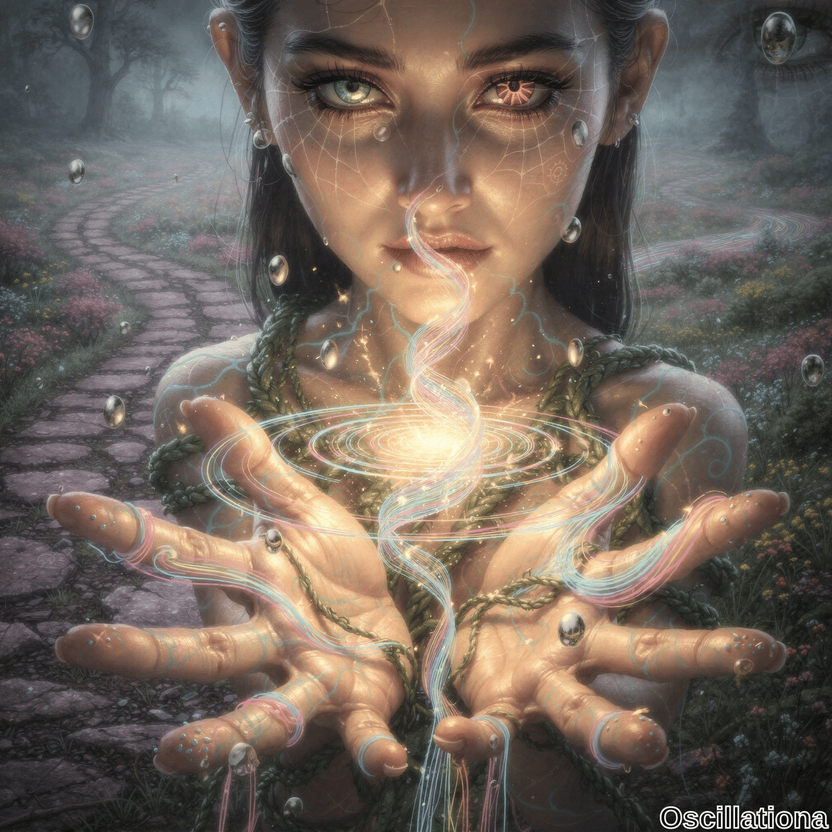 A close-up of a person's hands and part of their face, holding a glowing, swirling orb that emits colorful, ethereal threads connecting to their hands and arms, set against a serene, misty garden path lined