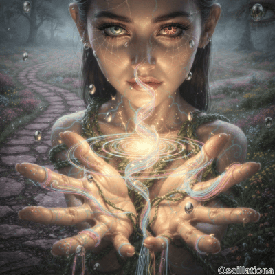 A close-up of a person's hands and part of their face, holding a glowing, swirling orb that emits colorful, ethereal threads connecting to their hands and arms, set against a serene, misty garden path lined