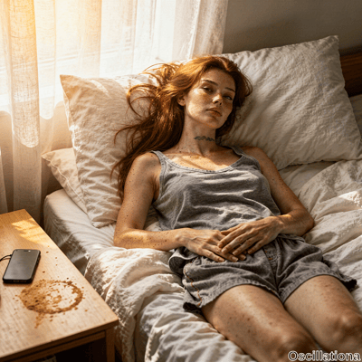Serene bedroom aglow in morning sunlight through sheer white curtains. Freckled young woman with long wavy red hair, neck tattoo, lies pensively on white bed in gray tank top and shorts, arms crossed, eyes upward