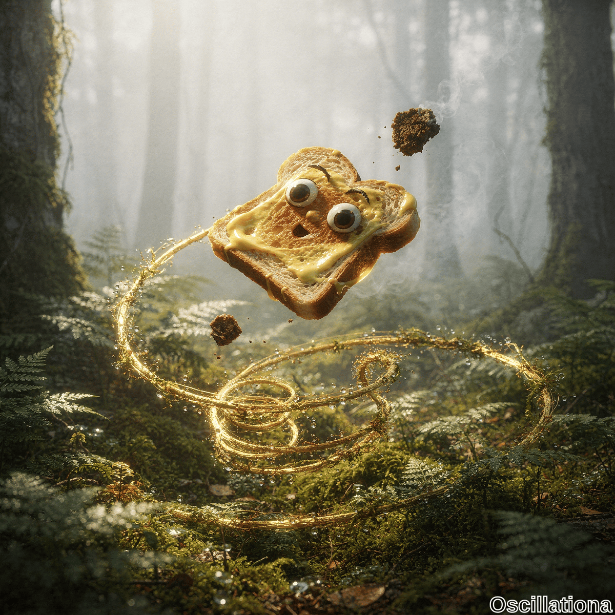 A whimsical 3D-rendered grilled cheese sandwich with large googly eyes, wide surprised orange mouth, and oozing yellow melted cheese on golden-brown toasted bread floats mid-air in a misty enchanted forest amid swirling golden magic trails