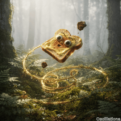 A whimsical 3D-rendered grilled cheese sandwich with large googly eyes, wide surprised orange mouth, and oozing yellow melted cheese on golden-brown toasted bread floats mid-air in a misty enchanted forest amid swirling golden magic trails