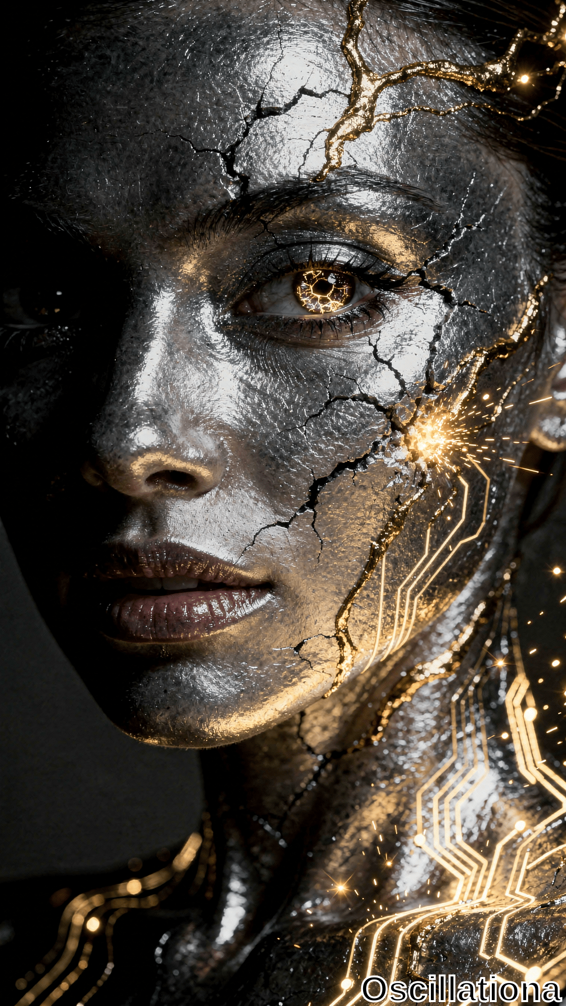 A close-up of a human face and neck transformed into a cracked, metallic surface with dark, reflective silver skin