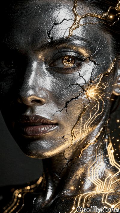 A close-up of a human face and neck transformed into a cracked, metallic surface with dark, reflective silver skin