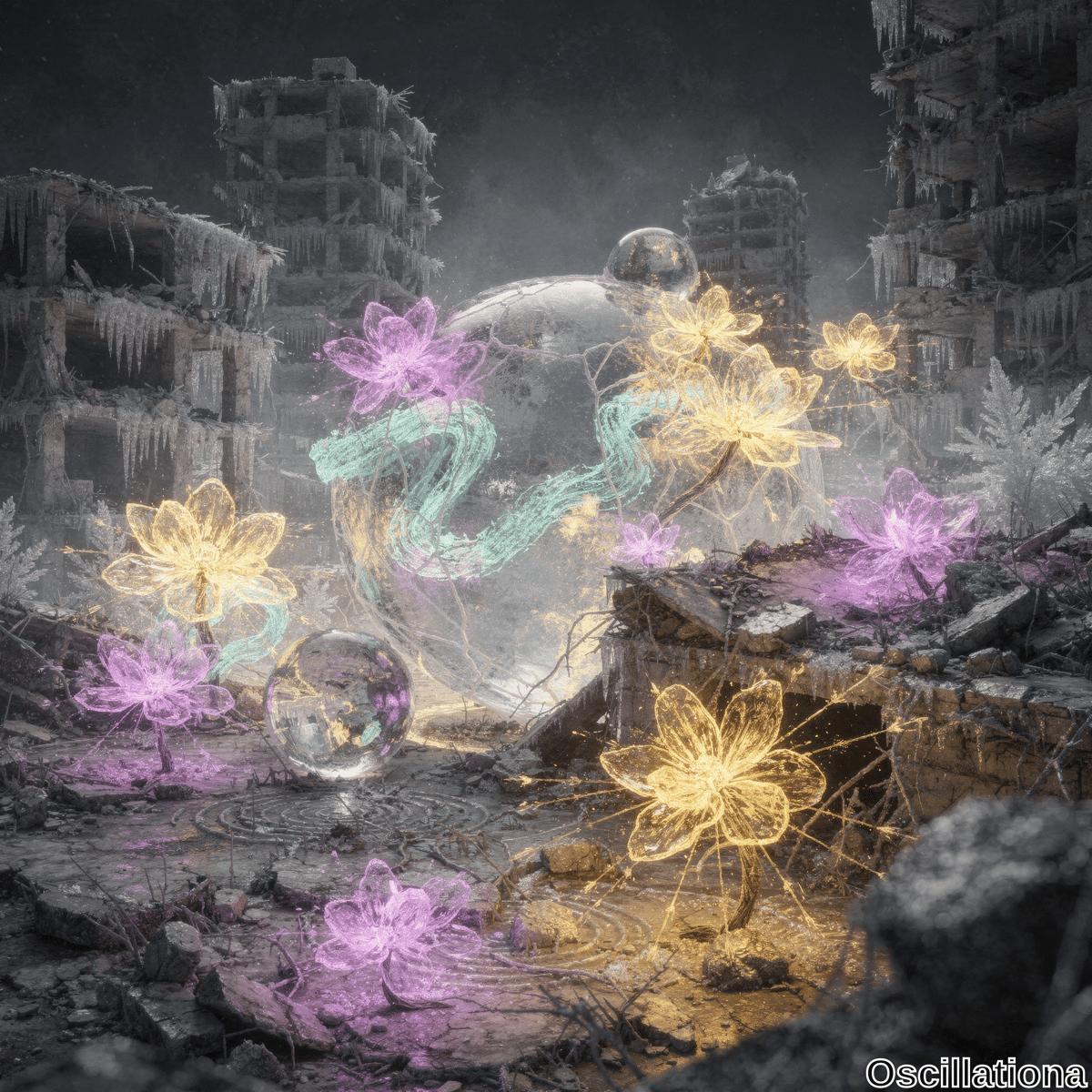 A surreal post-apocalyptic scene with ruined, frost-covered buildings in the background, symbolizing desolation