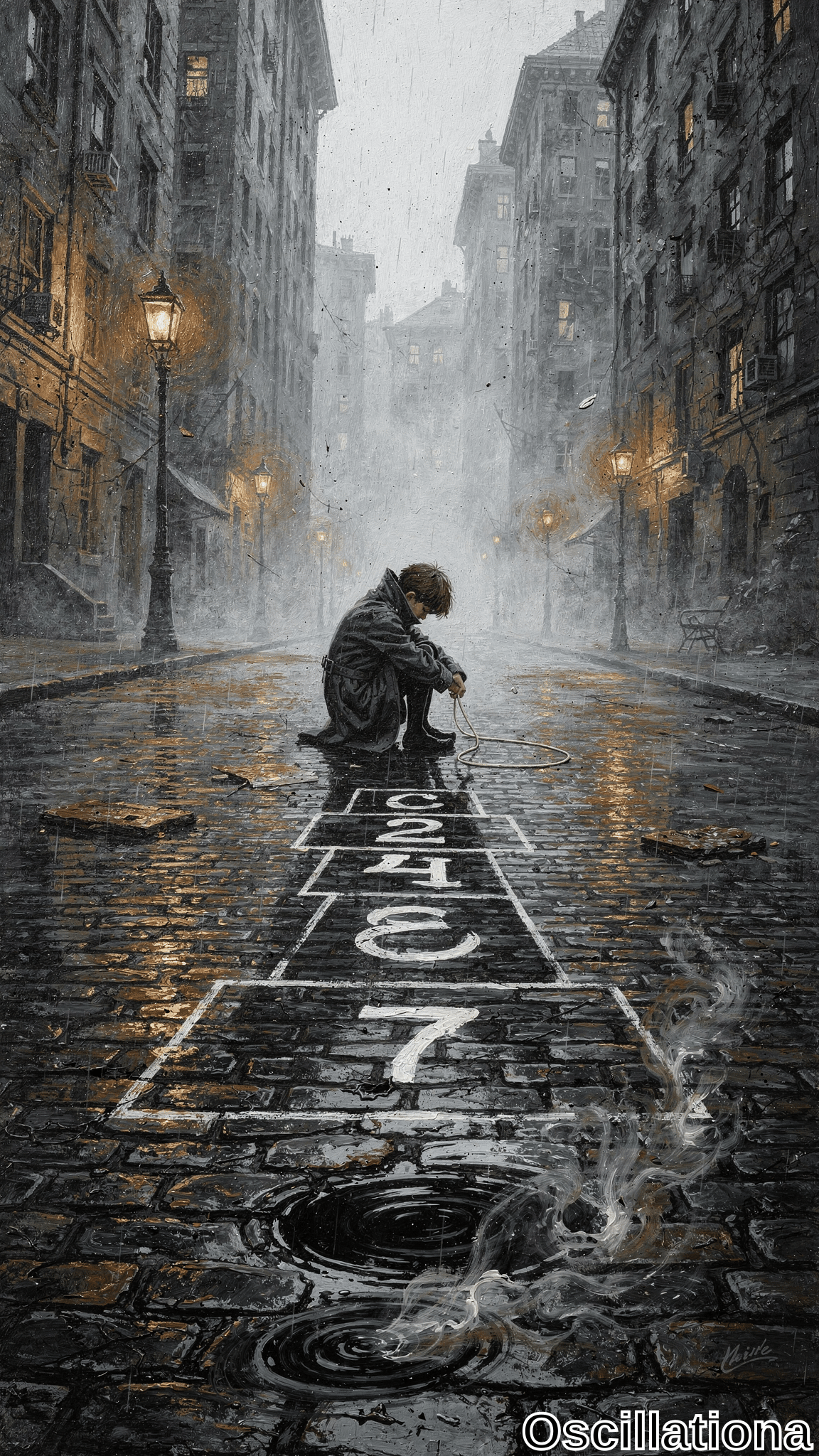 Melancholic digital painting of a rain-drenched cobblestone alley between weathered brick tenements in old New York. Sorrowful boy in black trench coat kneels by chalk hopscotch grid and coiled rope amid fog,