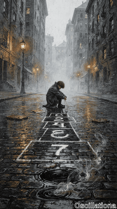 Melancholic digital painting of a rain-drenched cobblestone alley between weathered brick tenements in old New York. Sorrowful boy in black trench coat kneels by chalk hopscotch grid and coiled rope amid fog,