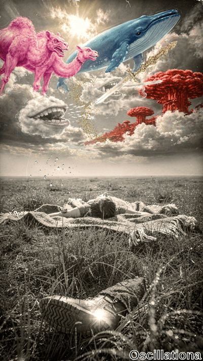 Surreal psychedelic collage: floating two-headed pink camel & blue whale with golden sword amid red mushroom clouds & cloud mouths in vibrant sky; grayscale grassy field with prone person on blanket in tan combat boots.
