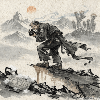 Surreal sumi-e ink wash on textured washi paper: elderly ronin in tattered kimono crouches on jagged cliff, peering through vintage box camera at wrecked Texas license plate amid snowy debris; saguaros with