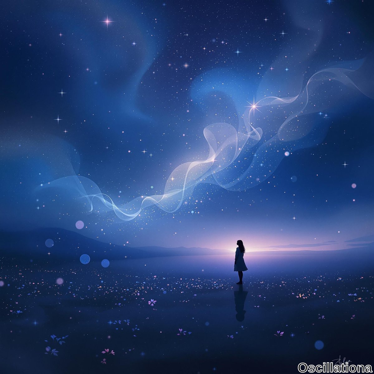 A serene, dreamlike landscape under a starry night sky, dominated by deep blues and purples, creating a mystical atmosphere.