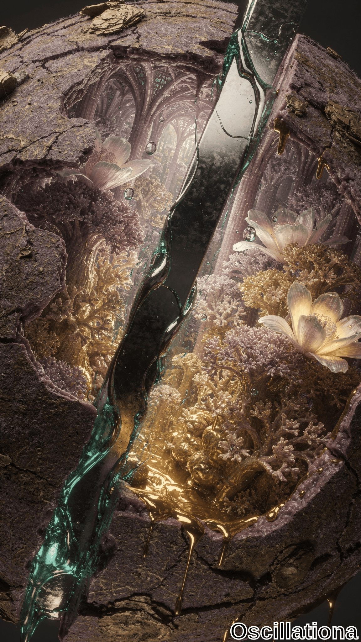 A surreal scene with a cracked, rock-like sphere containing a cathedral-like structure with tall, arched windows, creating an ethereal atmosphere