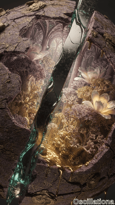 A surreal scene with a cracked, rock-like sphere containing a cathedral-like structure with tall, arched windows, creating an ethereal atmosphere
