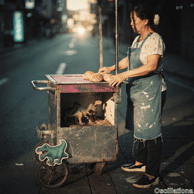 Elderly Thai woman in profile behind rusty metal street food cart at dusk on urban road, golden-hour bokeh flares and teal shadows. Floral shirt, frayed denim apron; weathered hands arrange golden-brown buns over green toy dinosaurs
