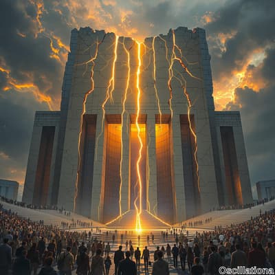 A grand, futuristic structure with a towering, rectangular form made of light-colored material, possibly stone or concrete, features large vertical cracks emitting bright, yellow-orange light, creating a divine effect.