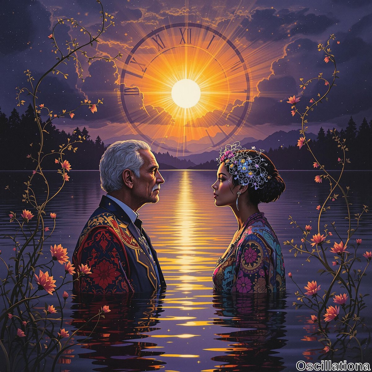 Two figures stand in shallow water at sunset, facing each other; a radiant sun casts vibrant rays.