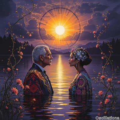Two figures stand in shallow water at sunset, facing each other; a radiant sun casts vibrant rays.