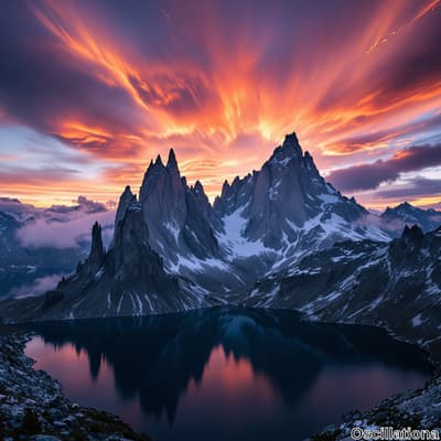 A serene mountain landscape at sunset or sunrise, featuring sharp, snow-capped peaks rising dramatically from the ground