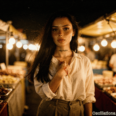 Cinematic portrait of freckled young woman with windswept dark hair intense eyes holding red sauce dripping food at the night market with bokeh lights. 
The atmospheric filmic scene features golden lighting on food stalls against dark sky