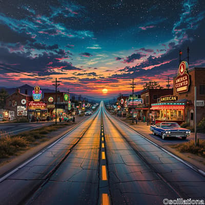 A nostalgic highway at dusk stretches into the distance with double yellow lines, flanked by colorful storefronts and neon signs like "America Diner" and "America Cented."