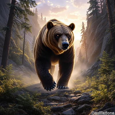 A large brown bear with thick, dark fur and prominent claws walks towards the viewer in a forested mountainous area.