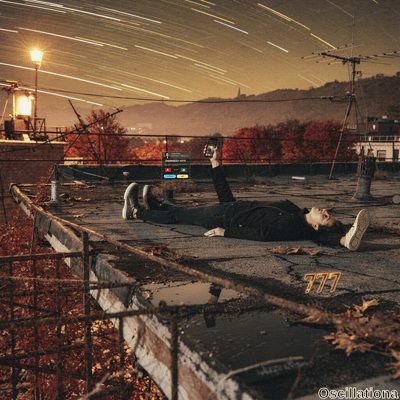 Long-exposure dusk rooftop scene: young man with short dark hair lies relaxed on leaf-strewn concrete amid puddles, in black jacket, jeans, white sneakers, holding phone aloft showing "DOOMSDAY VOTE"
