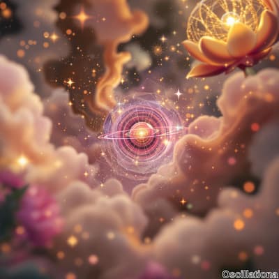 A glowing geometric mandala or portal at the center, radiating vibrant purples, pinks, oranges, and yellows, emits light and energy.