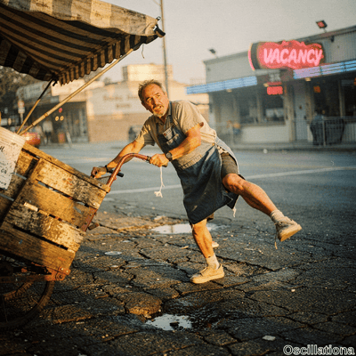 Candid golden-hour street photo of a sweaty, weathered middle-aged man with gray hair and beard straining to push an orange-brown crate on rusty dolly across cracked, puddle-strewn asphalt—one foot mid-stride in espadr