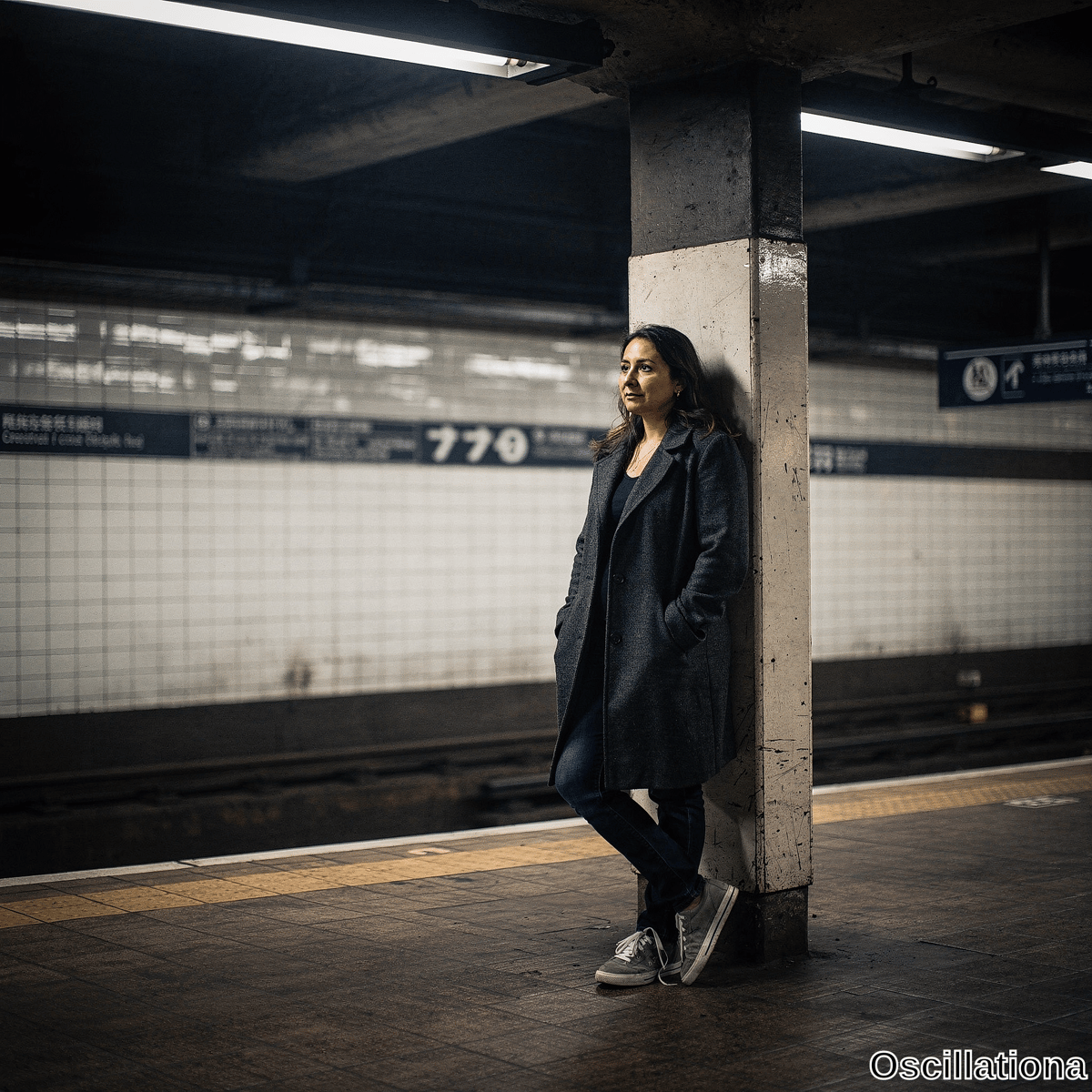 A 30s woman with dark wavy hair leans against pillar on empty subway platform, hands in gray overcoat pockets, gazing left in moody fluorescent light. 
The station has white tiles, concrete beams and 770 bilingual signs