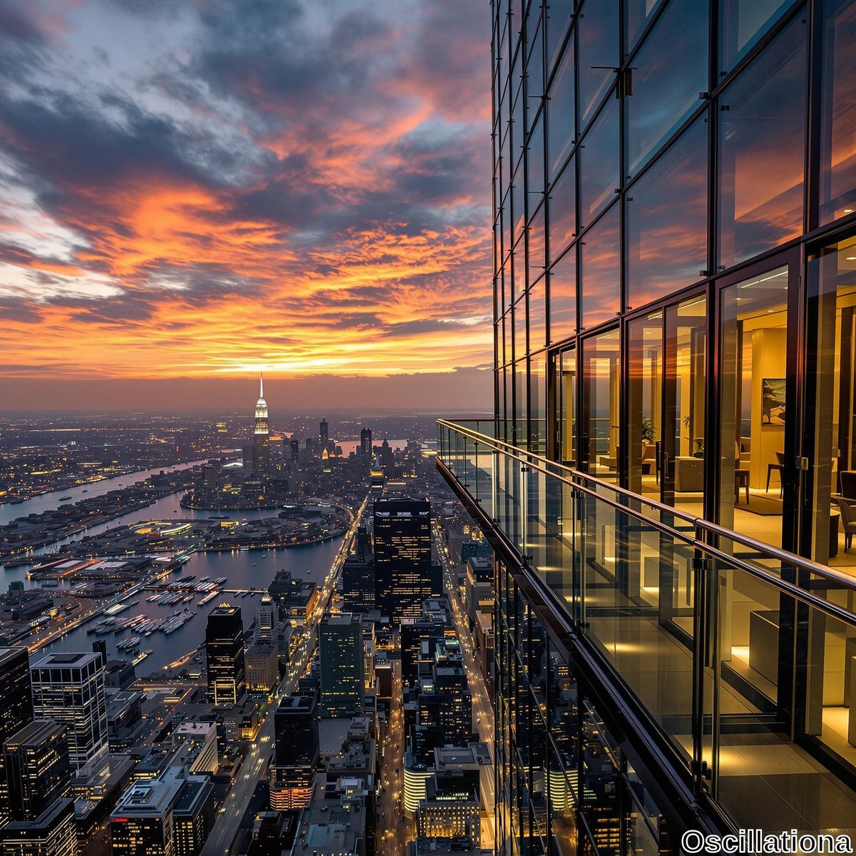 A breathtaking sunset viewed from a high-rise's glass balcony, reflecting vibrant oranges, purples, and blues.