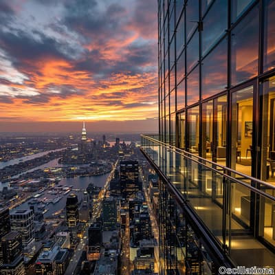 A breathtaking sunset viewed from a high-rise's glass balcony, reflecting vibrant oranges, purples, and blues.