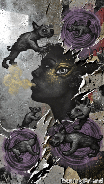 A dark-skinned woman's profile exhales yellow smoke amid pixelated black cats emerging from swirling purple portals on a torn grunge background with gold accents.