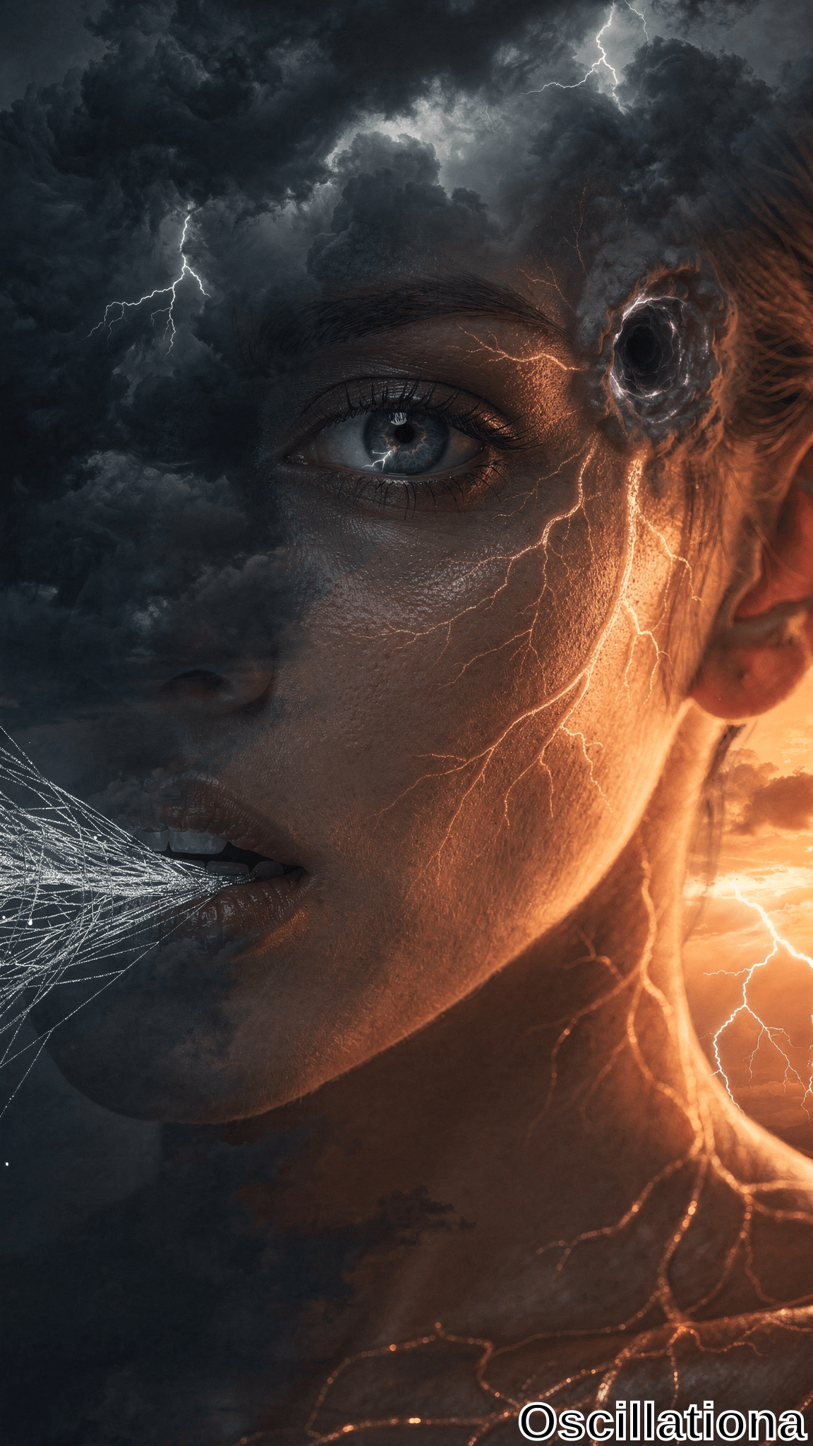 A close-up of a woman's face merging with dark storm clouds, lightning veins glowing across her skin and one eye a black void, lit by fiery orange light.