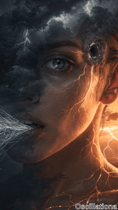 A close-up of a woman's face merging with dark storm clouds, lightning veins glowing across her skin and one eye a black void, lit by fiery orange light.