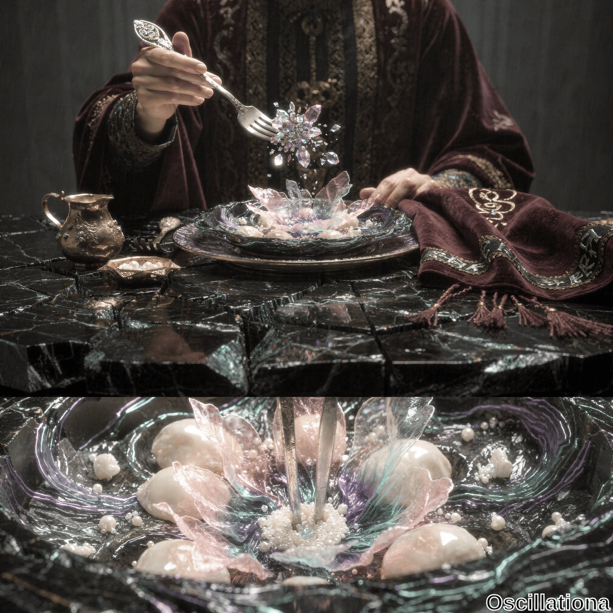 Top section of a surreal dining scene with a person in medieval-style clothing, rich red and gold embroidery, holding a silver fork over a plate with a crystalline dish resembling a pastel-colored flower; the dark, reflective stone table has