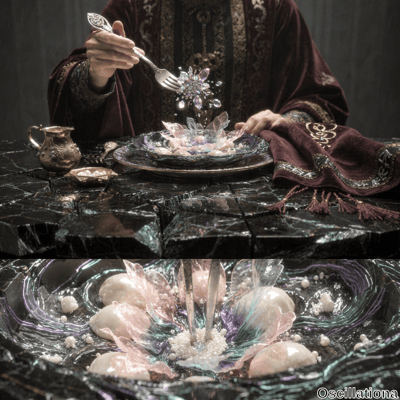 Top section of a surreal dining scene with a person in medieval-style clothing, rich red and gold embroidery, holding a silver fork over a plate with a crystalline dish resembling a pastel-colored flower; the dark, reflective stone table has