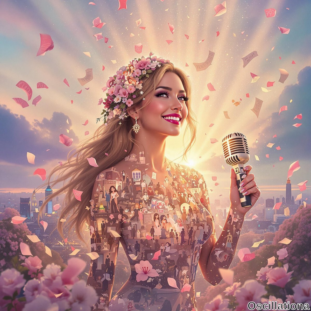 A radiant woman with long, flowing hair and a floral crown stands confidently, holding a vintage microphone, smiling brightly.