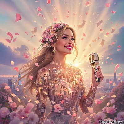 A radiant woman with long, flowing hair and a floral crown stands confidently, holding a vintage microphone, smiling brightly.