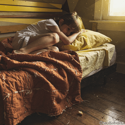 A melancholic blonde girl with ponytail and sad expression sits cross-legged on low attic bed in loose white shirt/shorts, bare feet tucked, chin on plump yellow pillows. Golden sunlight streams through window onto rumpled orange quilt spilling