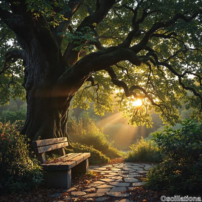 A serene forest scene with a wooden bench on a stone base against a large, ancient tree.