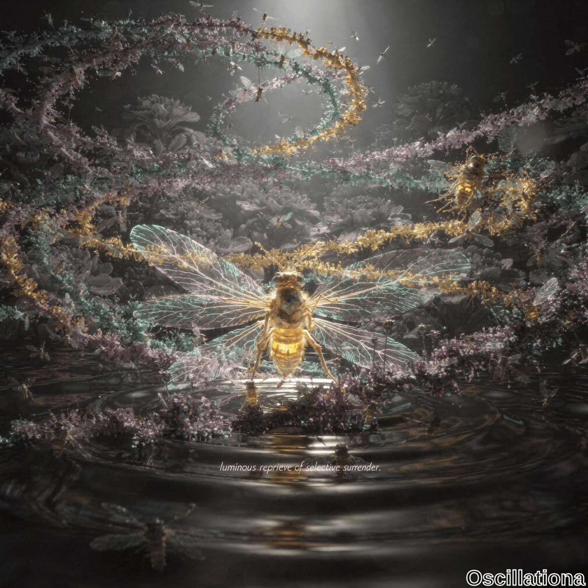 A surreal scene with a large, luminous insect, possibly a bee or wasp, featuring detailed, translucent wings, emerging from a reflective surface with ripples